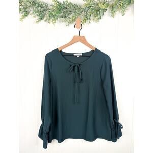 Downeast Dark Teal Tie Cuff Peasant Top Medium Bell Sleeve Tie Front